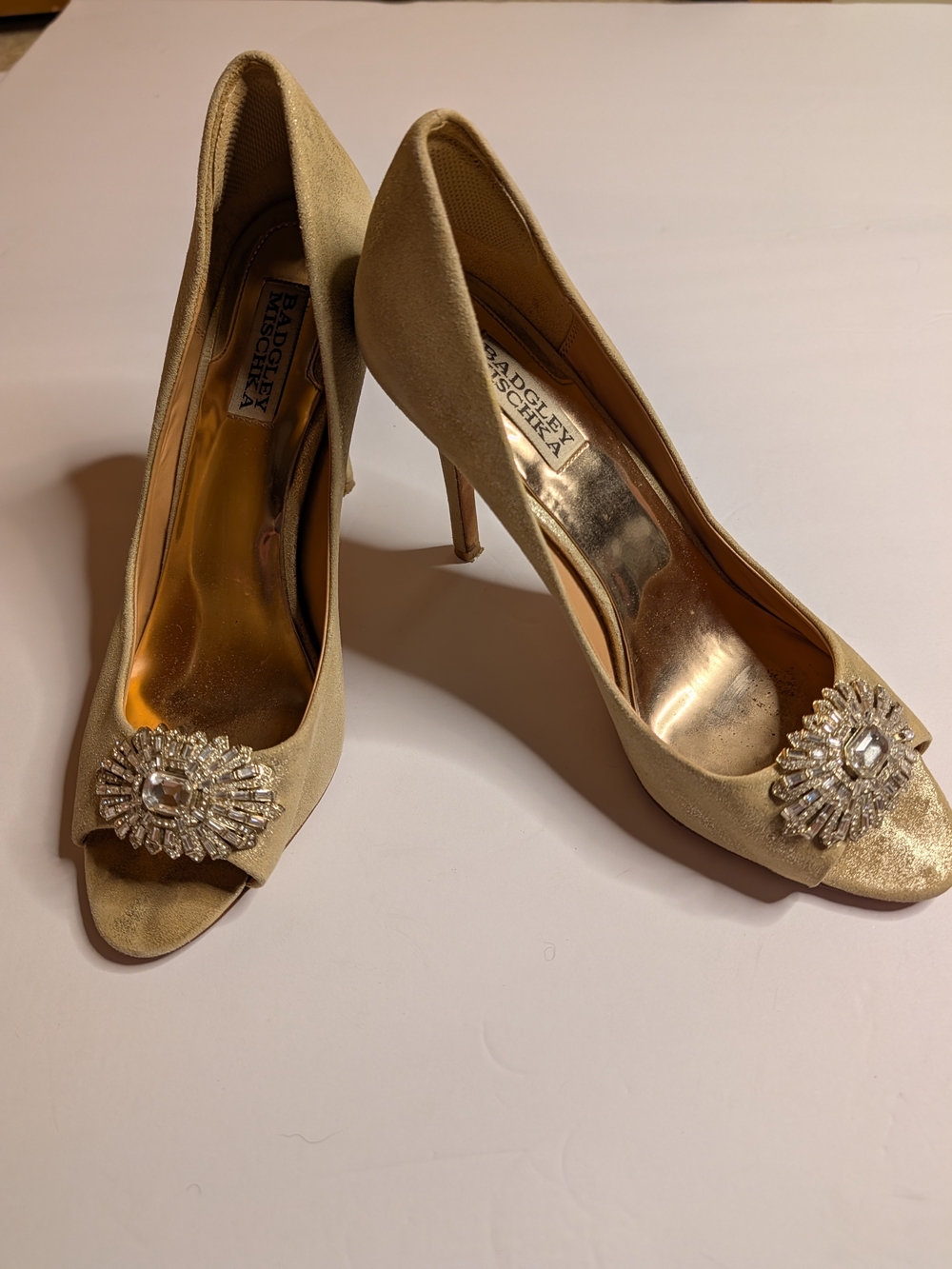 Badgley Mischka Gold Crystal-Embellished Peep-Toe Heels